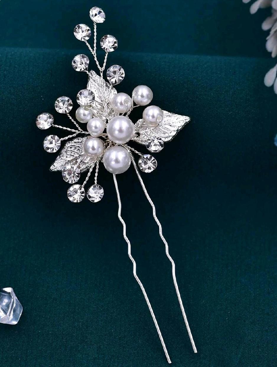 3pcs Faux Pearl & Leaf Decor Bridal Hair Pin For Wedding Elegant Tiaras