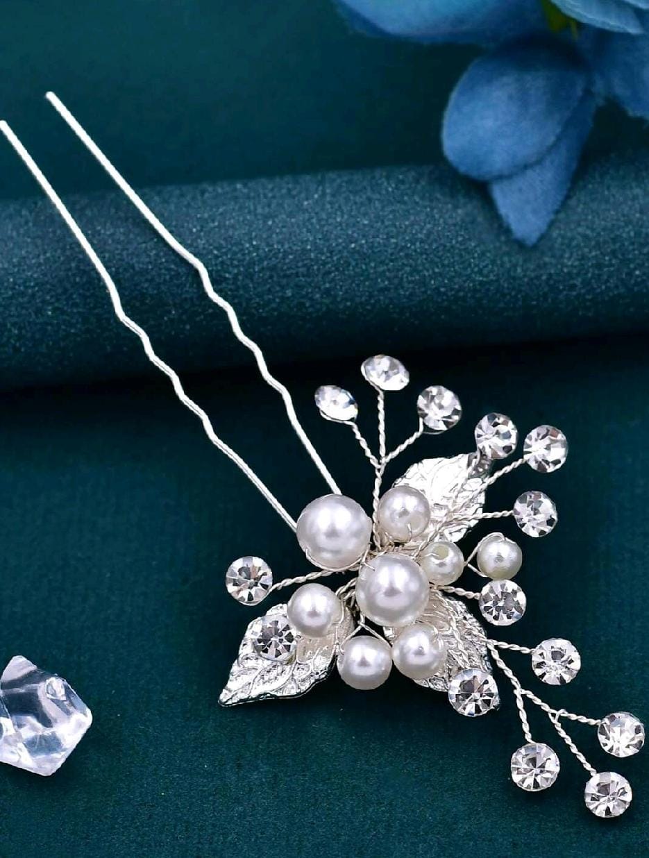 3pcs Faux Pearl & Leaf Decor Bridal Hair Pin For Wedding Elegant Tiaras