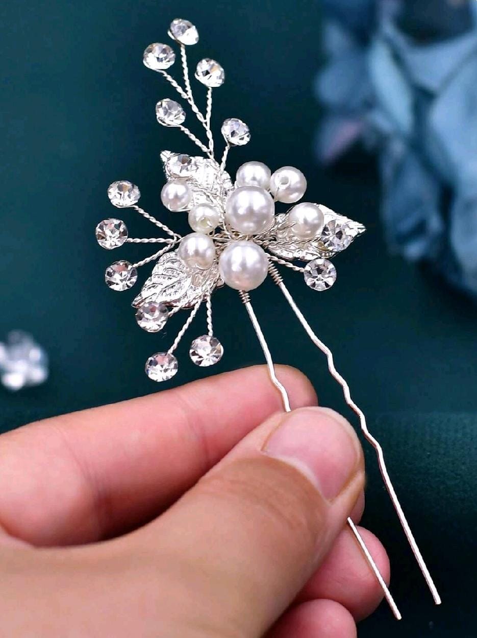 3pcs Faux Pearl & Leaf Decor Bridal Hair Pin For Wedding Elegant Tiaras