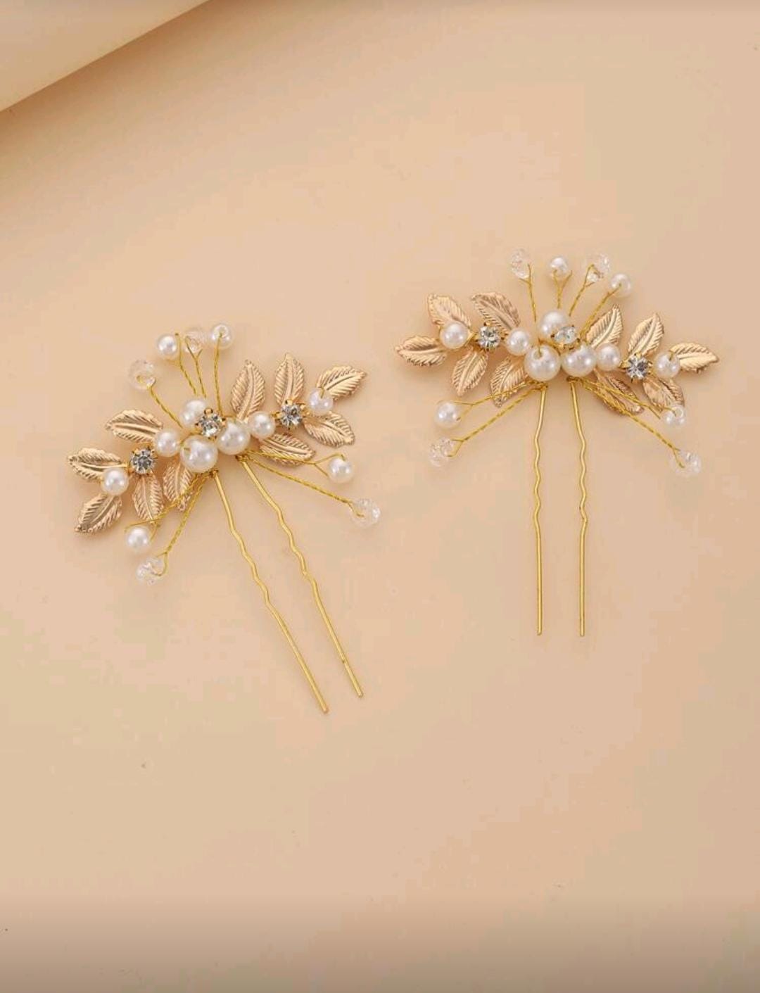 2pcs Women Faux Pearl & Leaf Decor Fashionable Hair Pin For Hair Decoration Elegant,Crown Hair Combs Combs For Hair Side Comb, Wedding, Bridesmaids Gifts, Looks Of Party
